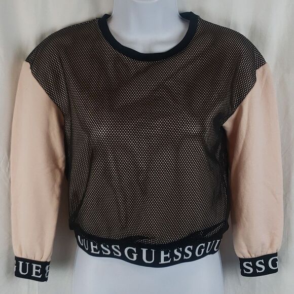 Guess Women's 10 Mesh & Pink Cropped Sweater - Picture 1 of 14